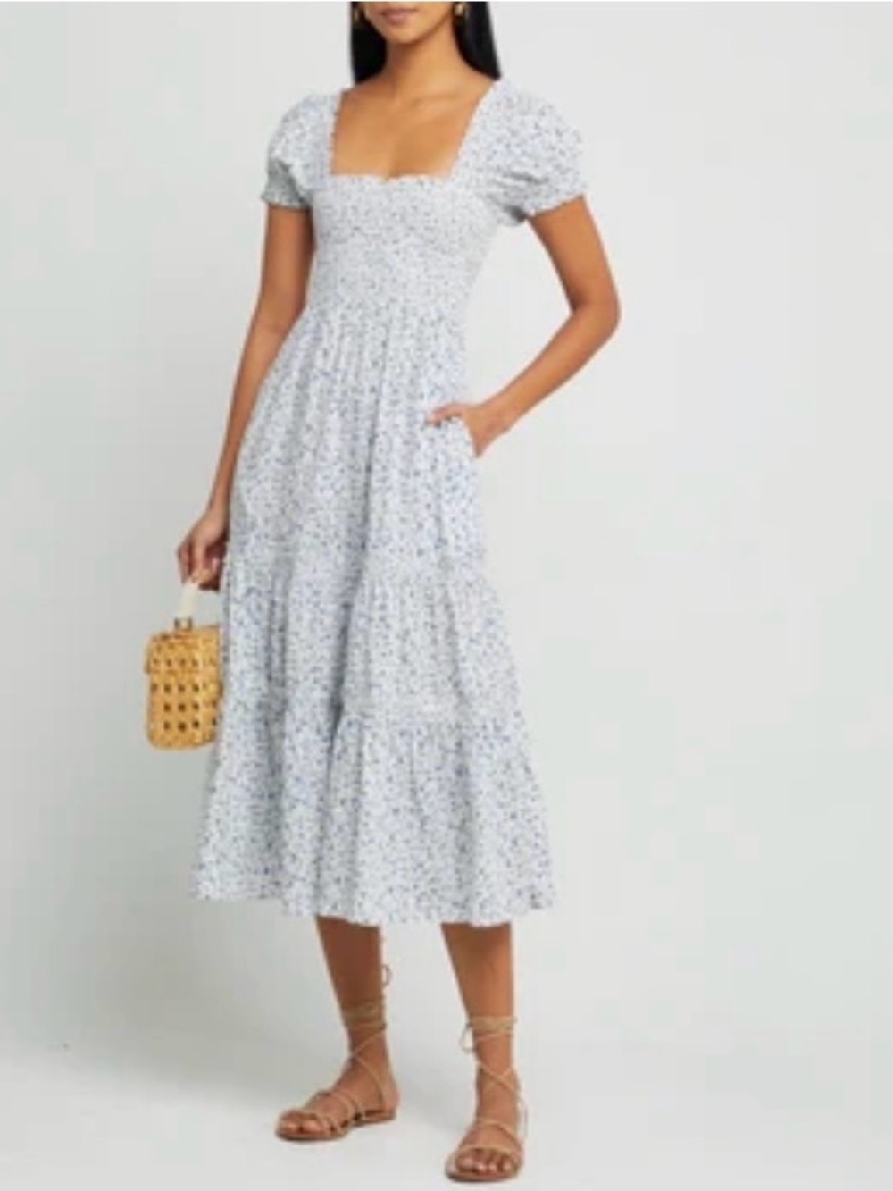 Light Blue Floral Square-Neck Tiered Midi Dress